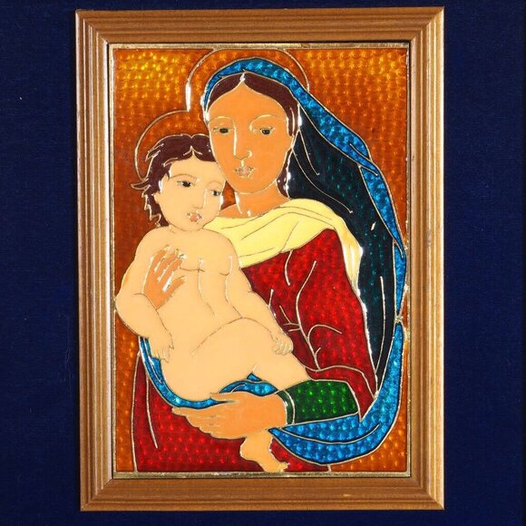 Vintage Madonna and Child Italy Framed Hand Finished Pewter Stained Glass - Picture 1 of 10